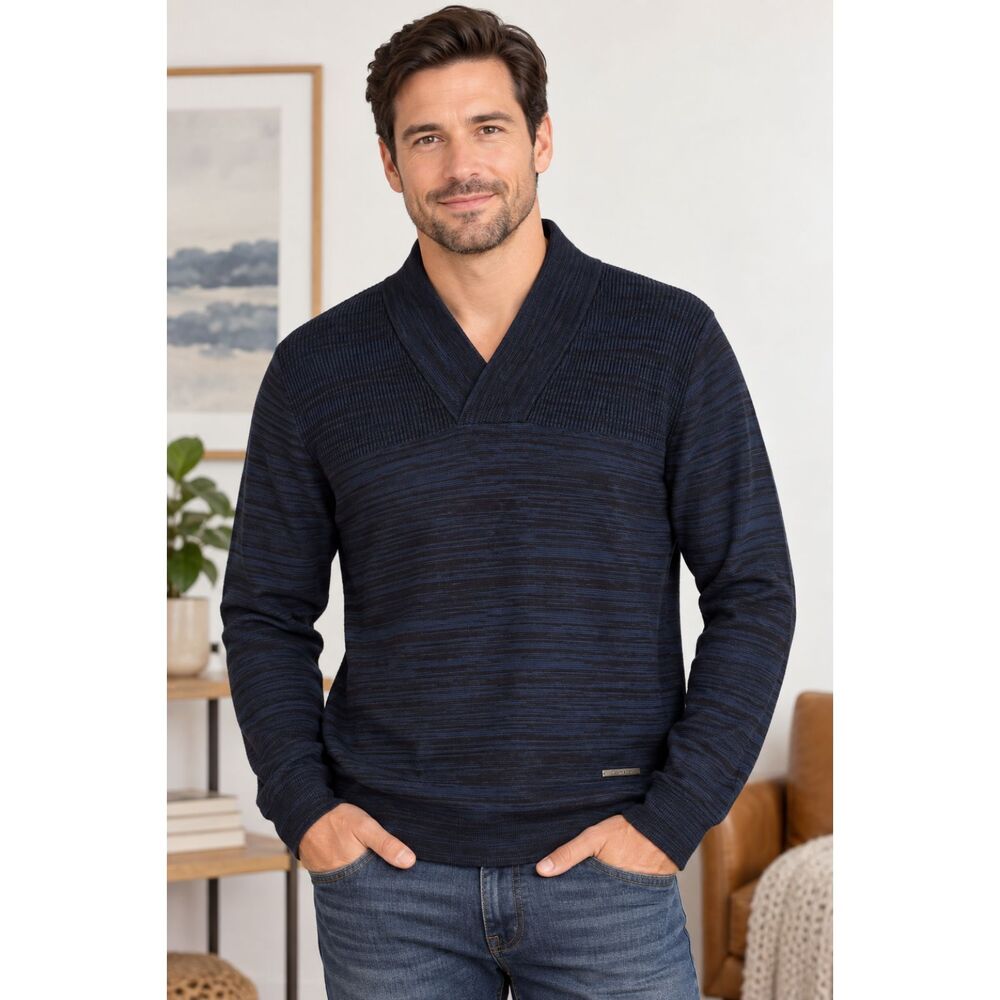 Calvin Klein Men L Body Fit Blue Black Marble Knit Shawl Collar Sweater NWTS #22